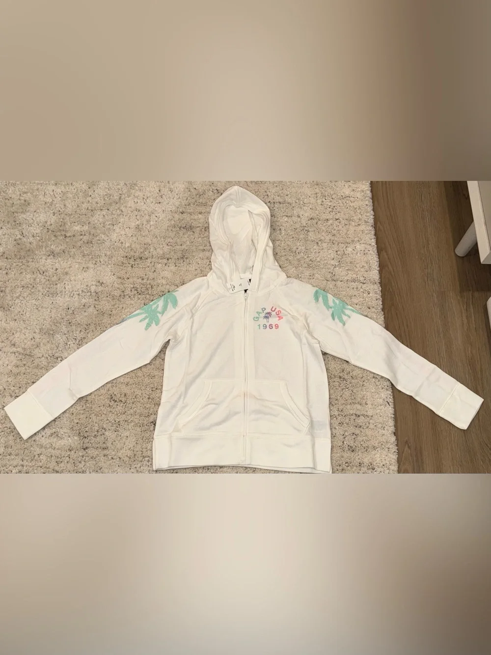 GapKids Girls XL 12 White Zip Hoodie Palm Tree Glitter Graphic USA 1969 NWT